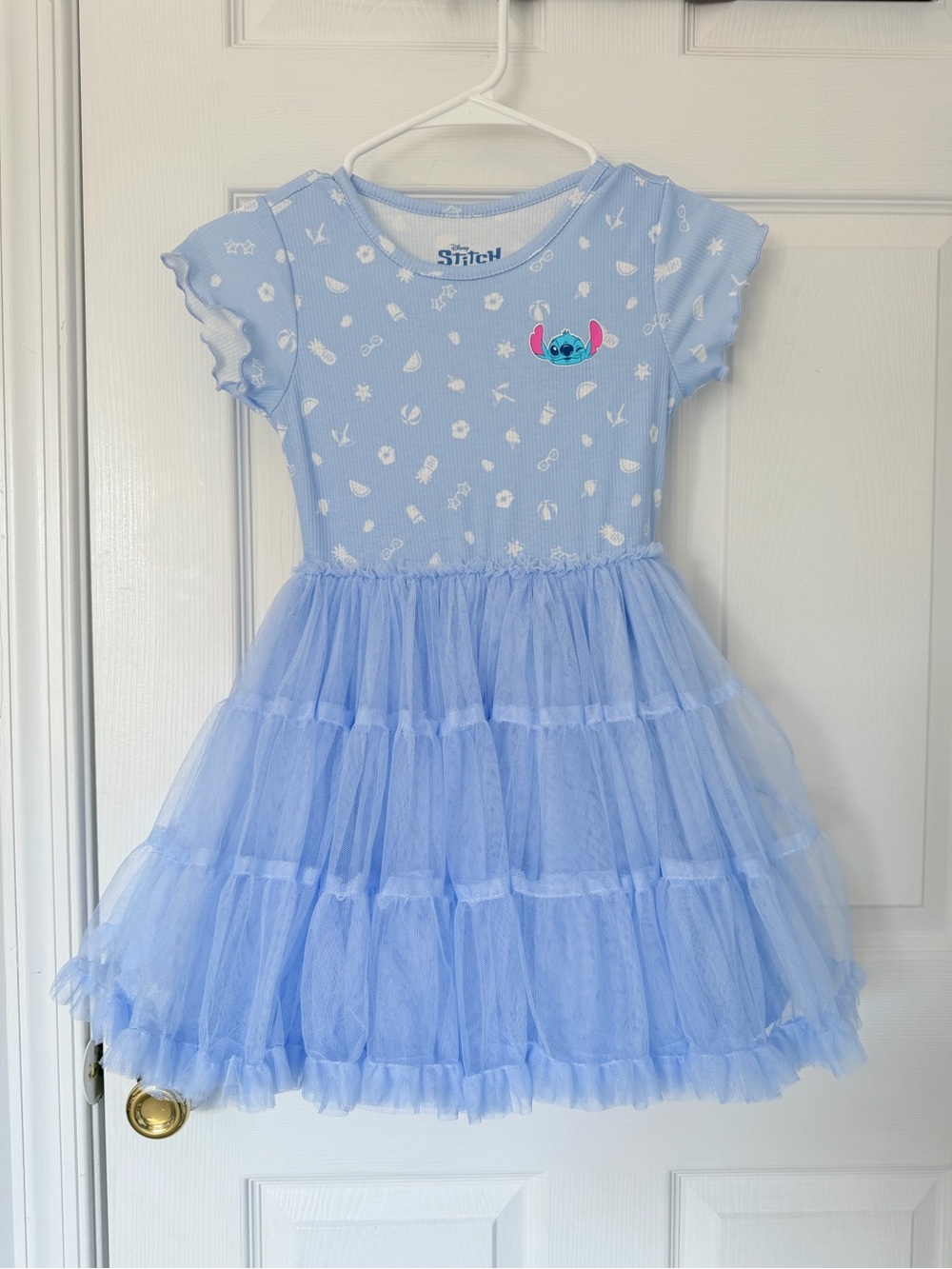 Disney Stitch Baby Blue Young Girls Tiered Tulle Dress with Character Size (6-7)